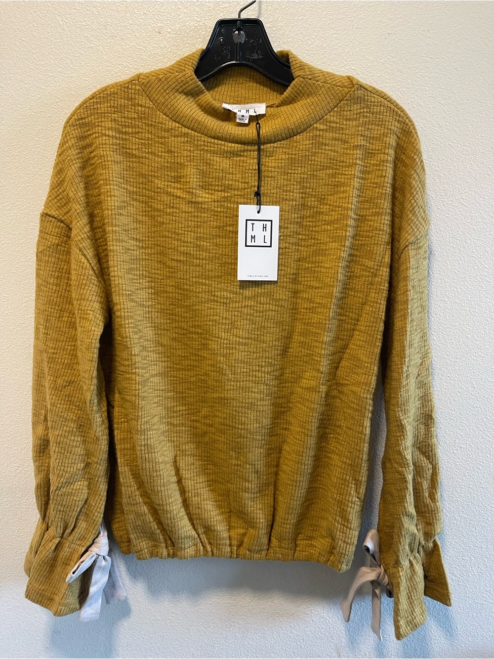 THML Mustard Ribbed Crewneck Sweater with Tie Cuffs
